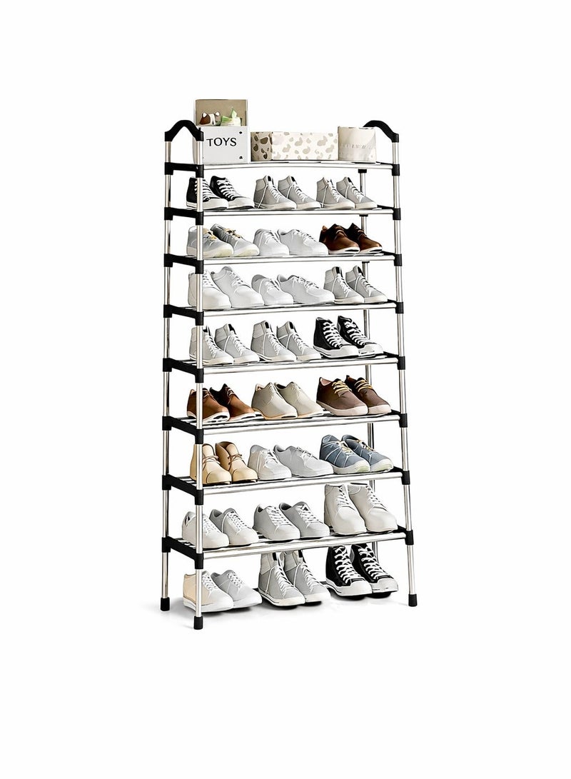 O2. Black 8-Tier Heavy-Duty Shoe Rack Organizer with Galvanized Steel Pipes – Adjustable & Stackable Large Capacity Shoe Tower – Features Side Armrest Design & High-Bearing Capacity – Space-Saving Storage for Entryway, Bedroom & Garage (Sleek Black) - Image 1